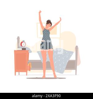 Illustration vectorielle de jeune femme joyeuse en pyjama levant les bras et étirant le corps tout en se tenant debout près du lit et de l'armoire avec réveil qui sonne i. Illustration de Vecteur