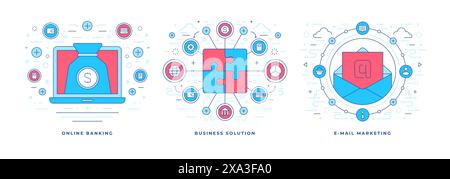 Ensemble d'illustrations vectorielles modèles de lignes plates d'icônes graphiques colorées bancaires en ligne et de marketing par e-mail en tant que solutions d'affaires. Design linéaire Illustration de Vecteur