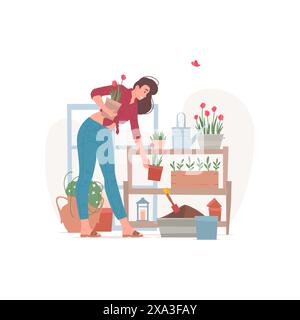 Fleuriste féminine arrangeant des fleurs en pot sur l'illustration vectorielle d'étagère. femme moderne souriant et mettant des pots avec des fleurs sur l'étagère près de jardinage equip Illustration de Vecteur