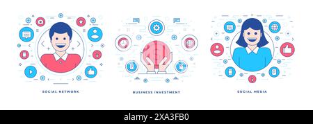 Ensemble d'illustrations vectorielles bannières de ligne plate avec des icônes pour le marketing d'investissement d'entreprise dans les médias sociaux et le réseau. Modèle de conception de style linéaire. Illustration de Vecteur