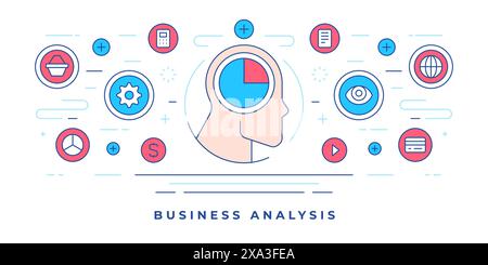 Illustration vectorielle de bannière de ligne plate avec profil humain et icônes graphiques colorées créées pour le site Web promouvant des services d'analyse commerciale. Linéaire Illustration de Vecteur