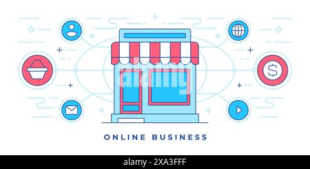 Illustration vectorielle de bannière de ligne plate avec des icônes graphiques autour du bâtiment de magasin pour la promotion des affaires en ligne dans les médias sociaux. Modèle linéaire Illustration de Vecteur