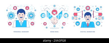 Ensemble d'illustrations vectorielles ligne des bannières plates représentant le gestionnaire personnel et les services de marketing numérique pour la consommation de bonne affaire dans les affaires. Lin Illustration de Vecteur