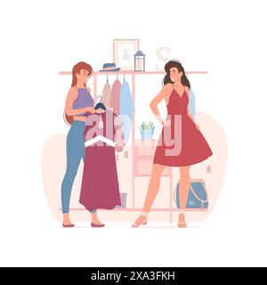 Illustration vectorielle de jeunes copines souriantes et essayant sur des robes élégantes tout en faisant des achats pendant la vente le jour du week-end dans le centre commercial ensemble Illustration de Vecteur