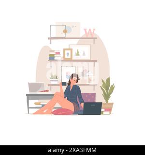 Illustration vectorielle de femme moderne avec tasse de boisson chaude assise sur le sol et parcourant les médias sociaux sur ordinateur portable dans une pièce confortable à la maison Illustration de Vecteur