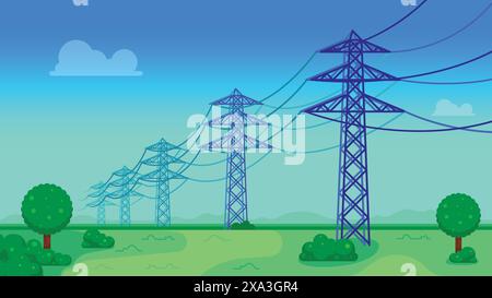 Lignes électriques de transmission avec beau paysage. tours électriques dans un champ, concept de distribution d'énergie. illustration vectorielle Illustration de Vecteur