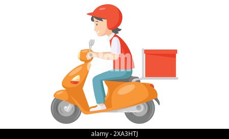 Livreur garçon scooter d'équitation avec boîte de livraison en uniforme rouge. concept de service de livraison de nourriture et de colis. illustration vectorielle Illustration de Vecteur
