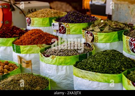 Devanture d'un magasin de plantes traditionnelles dans le bazar de Vakil, Shiraz, Iran. Banque D'Images