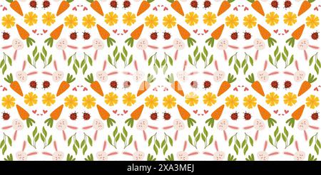 Motif de Pâques avec des carottes et coccinelle dans un style vectoriel dessiné à la main. Parfait pour les produits pour enfants, les textiles, les emballages et les éléments décoratifs. Illustration de Vecteur