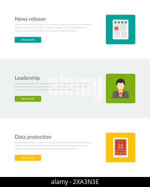 Modèles d'en-têtes de site Web ou de bannières promotionnelles et conception d'icônes plates. Communiqué de presse, leadership, protection des données. Illustration vectorielle. Illustration de Vecteur