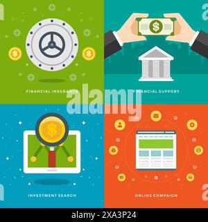 Modèles de bannières de promotion de site Web et conception d'icônes plates. Assurance financière, support, recherche d'investissement, campagne en ligne. Jeu d'illustrations vectorielles Illustration de Vecteur
