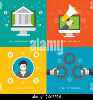 Modèles de bannières de promotion de site Web et conception d'icônes plates. Services bancaires en ligne, Marketing numérique, consultation en ligne, travail d'équipe efficace. Vecto Illustration de Vecteur