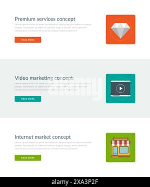 Modèles d'en-têtes de site Web ou de bannières promotionnelles et conception d'icônes plates. Diamant de service premium, marketing vidéo, bâtiment de magasin de marché Internet. Vecteur Illustration de Vecteur