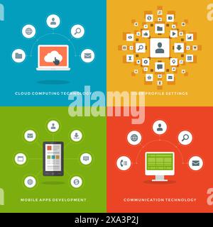 Illustrations de conception plate d'entreprise, technologie de Cloud Computing, Paramètres de profil utilisateur, développement d'applications mobiles, tecnologie de la communication. Vecteur pour nous Illustration de Vecteur