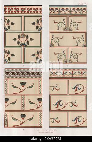 Motifs floraux élaborés, art décoratif victorien et design, gravure, décoration polychromatique dans le style médiéval, W & G Audsley, planche 5 Banque D'Images