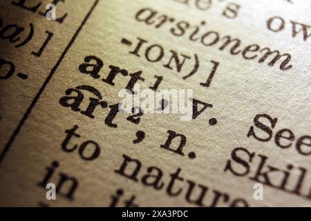 Word art sur la page du dictionnaire, macro gros plan Banque D'Images