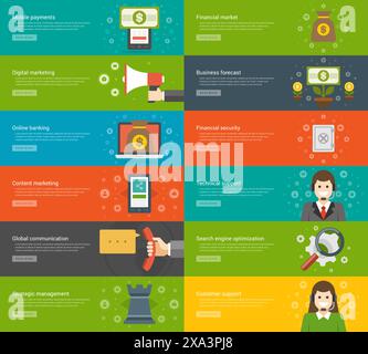 Modèles d'en-têtes de site Web ou de bannières promotionnelles et conception d'icônes plates. Téléphone intelligent de paiement mobile, mégaphone de main de marketing numérique, banki en ligne Illustration de Vecteur