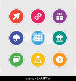 Icônes de style de conception matérielle signe vectoriel et symboles curseur flèche, lien, boîte cadeau, parapluie, carte de crédit, ECHANGE, bulle de parole. Eléments pour site Web Illustration de Vecteur