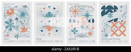 Affiches minimalistes de couleur rétro vectorielle futuriste dans des couleurs pastel avec 3d étranges wireframes forment graphique de formes géométriques design moderne inspir Illustration de Vecteur