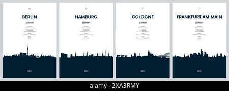 Ensemble de vecteur de voyage avec les skylines de la ville Berlin, Hambourg, Cologne, Francfort-sur-le-main, illustrations graphiques minimalistes détaillées des skylines de la ville Illustration de Vecteur