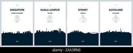 Ensemble de vecteur de voyage avec les skylines de la ville Singapour, Kuala Lumpur, Sydney, Auckland, illustrations graphiques minimalistes détaillées des skylines de la ville Illustration de Vecteur