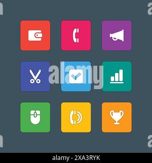 Material design style icons vector sign and symbols Purse, Telephone tube, Megaphone, Scissors, Graph, Call, Award. Elements for website, web banners, Illustration de Vecteur