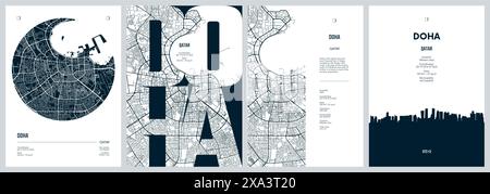 Ensemble d'affiches de voyage avec Doha, plan de rue urbain détaillé, silhouette ville skyline, illustration vectorielle Illustration de Vecteur
