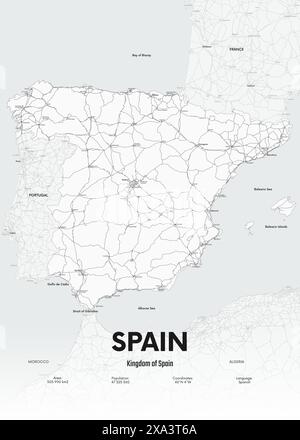 Carte routière de l'Espagne avec les grandes villes, affiche vectorielle de haut détail du plan d'autoroute du pays Illustration de Vecteur