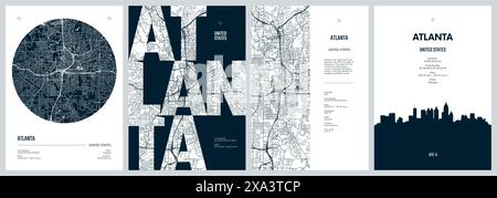 Ensemble d'affiches de voyage avec Atlanta, plan de rue urbain détaillé de la ville, silhouette ville skyline, illustration vectorielle Illustration de Vecteur