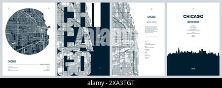 Ensemble d'affiches de voyage avec Chicago, plan de rue urbain détaillé de la ville, silhouette ville skyline, illustration vectorielle Illustration de Vecteur