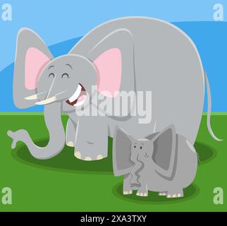 Illustration de dessin animé de personnage animal éléphant drôle avec bébé éléphant Illustration de Vecteur