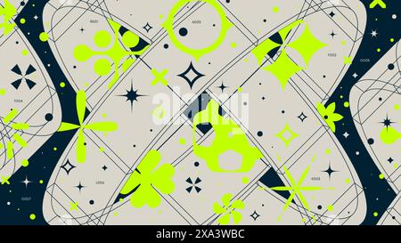 Fond géométrique abstrait avec des anneaux 3d géométrie filaire formes un design moderne, couleur vectorielle cyberpunk Full HD composition dans le style tendance Y2K fu Illustration de Vecteur