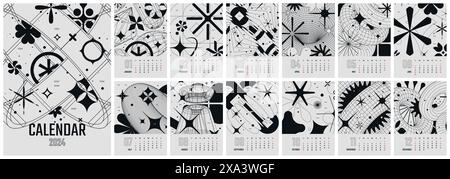 Calendrier monochrome vectoriel mensuel 2024 avec semaine de début dimanche, 12 pages dans le style du brutalisme et de l'acide, travail ou planificateur d'affaires avec Y2K illustr Illustration de Vecteur