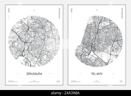 Affiche de voyage, plan de rue urbain plan de ville Jérusalem et tel Aviv, illustration vectorielle Illustration de Vecteur