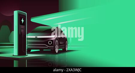Station de charge EV pour voiture électrique en concept d'énergie verte, renouvelable et d'énergie écologique produite à partir d'une source durable, électromobil vectoriel réaliste Illustration de Vecteur