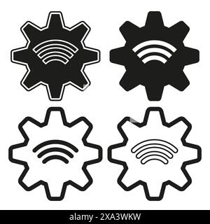 Icônes d'engrenage Wi Fi. Noir et blanc. Symboles des paramètres technologiques. Ensemble vectoriel moderne. Illustration de Vecteur