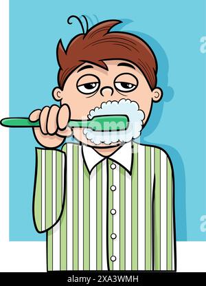 Illustration de bande dessinée d'un garçon endormi se brossant les dents le matin Illustration de Vecteur