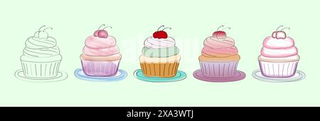 Cette image présente cinq illustrations dessinées à la main de cupcakes. Le premier cupcake est un contour simple, tandis que les quatre autres sont rendus dans différentes nuances de rose, vert et bleu. Illustration de Vecteur