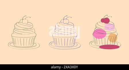 Un simple dessin au trait de trois cupcakes avec garniture de cerise. Chaque cupcake est sur une assiette et présente un glaçage de coloration différent. Illustration de Vecteur