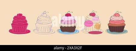 Une illustration représentant cinq cupcakes disposés en rangée. Chaque cupcake a une cerise sur le dessus et est assis sur une assiette. Les cupcakes sont tous des couleurs et des designs différents. Illustration de Vecteur