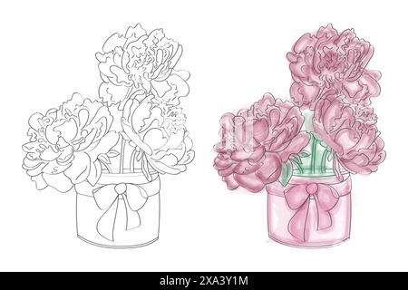 Illustration dessinée à la main d'un bouquet de pivoines roses dans un vase avec un noeud rose. Illustration de Vecteur