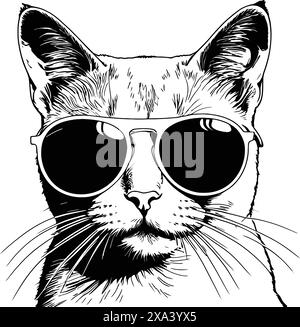 chat portant des lunettes de soleil, chat funky, chat de mode, chat élégant, nuances, illustration dessinée à la main Illustration de Vecteur