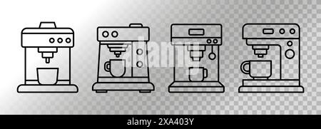 Quatre icônes surlignées de cafetières préparant du café dans une tasse. Pour le logo des médias sociaux, l'interface utilisateur, le barista, le propriétaire de café ou l'amateur de café. Illustration de Vecteur