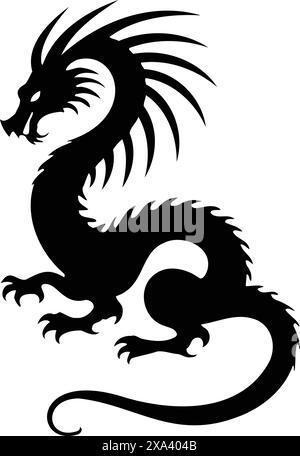 tatouage dragon noir et blanc, wyvern, animal mythique, tatouage art au trait Illustration de Vecteur