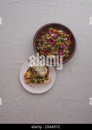 Vue sur la nature morte d'en haut du saumon grillé et des poireaux gastronomiques, et salade d'épeautre avec radicchio Banque D'Images