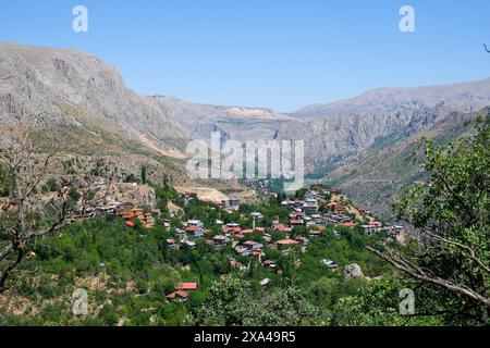 Vue aérienne du paysage de la ville de Kemaliye ou Egin, de l'Euphrate et du village Apcaga à Erzincan Turquie Türkiye. Banque D'Images