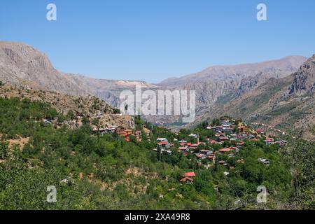 Vue aérienne du paysage de la ville de Kemaliye ou Egin, de l'Euphrate et du village Apcaga à Erzincan Turquie Türkiye. Banque D'Images