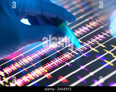 Genomic Research, scientifique tenant un échantillon d'ADN dans un flacon avec les résultats de profil sur l'écran dans le laboratoire Banque D'Images