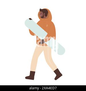 Homme heureux dans la veste d'hiver marchant avec snowboard pour monter illustration vectorielle Illustration de Vecteur