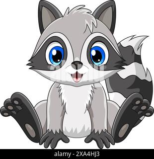 Cartoon Cute Baby Raccoon assis isolé sur fond blanc Illustration de Vecteur